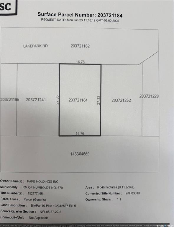 Second View of 10 Lakepark Road, Humboldt Rm No. 370, Saskatchewan, S0K 2A0